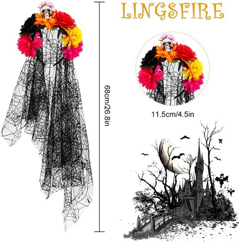 شريط راس للهالوين مع طرحة دانتيل اسود، شريط راس شبكي على شكل جمجمة دبليو جيانج بتصميم زهرة يوم الموتى للفتيات والسيدات والنساء، اكسسوارات ازياء الهالوين والحفلات التنكرية in Kuwait