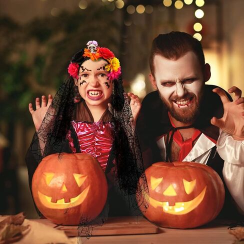 شريط راس للهالوين مع طرحة دانتيل اسود، شريط راس شبكي على شكل جمجمة دبليو جيانج بتصميم زهرة يوم الموتى للفتيات والسيدات والنساء، اكسسوارات ازياء الهالوين والحفلات التنكرية in Kuwait