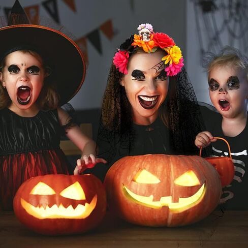 شريط راس للهالوين مع طرحة دانتيل اسود، شريط راس شبكي على شكل جمجمة دبليو جيانج بتصميم زهرة يوم الموتى للفتيات والسيدات والنساء، اكسسوارات ازياء الهالوين والحفلات التنكرية in Kuwait