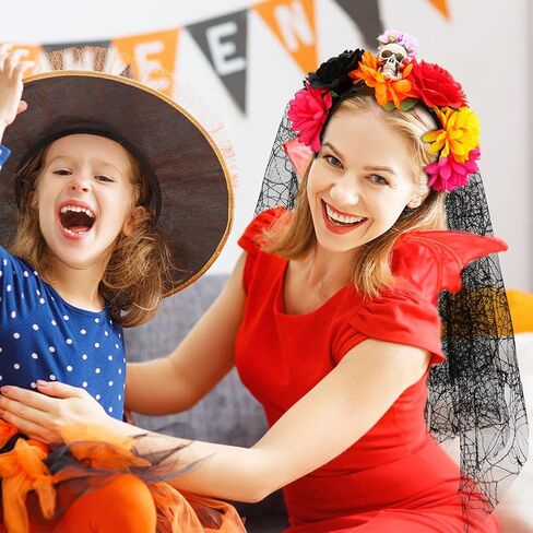 شريط راس للهالوين مع طرحة دانتيل اسود، شريط راس شبكي على شكل جمجمة دبليو جيانج بتصميم زهرة يوم الموتى للفتيات والسيدات والنساء، اكسسوارات ازياء الهالوين والحفلات التنكرية in Kuwait