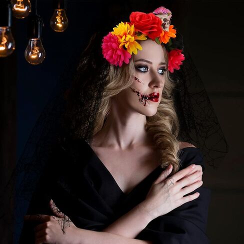 شريط راس للهالوين مع طرحة دانتيل اسود، شريط راس شبكي على شكل جمجمة دبليو جيانج بتصميم زهرة يوم الموتى للفتيات والسيدات والنساء، اكسسوارات ازياء الهالوين والحفلات التنكرية in Kuwait