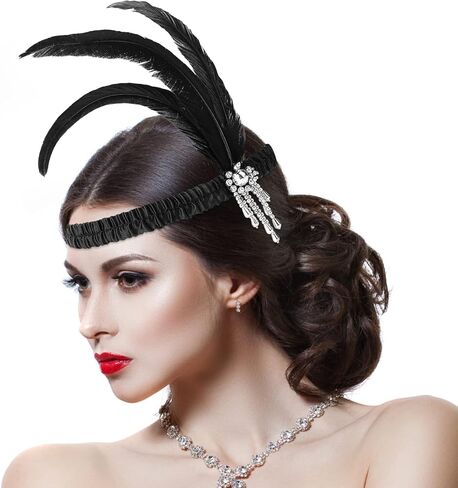 WLLHYF 1920s Headbands for Women Silver Tassel Black Feather Hairband Rhinestone Flapper Headpiece 20s Vintage Hair Valentines Accessory for Girls Costume Party in Saudi Arabia
