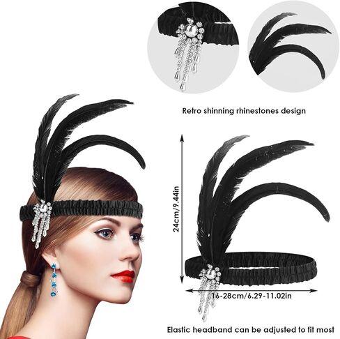 WLLHYF 1920s Headbands for Women Silver Tassel Black Feather Hairband Rhinestone Flapper Headpiece 20s Vintage Hair Valentines Accessory for Girls Costume Party in Saudi Arabia