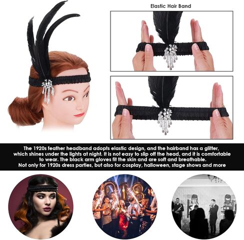 WLLHYF 1920s Headbands for Women Silver Tassel Black Feather Hairband Rhinestone Flapper Headpiece 20s Vintage Hair Valentines Accessory for Girls Costume Party in Saudi Arabia
