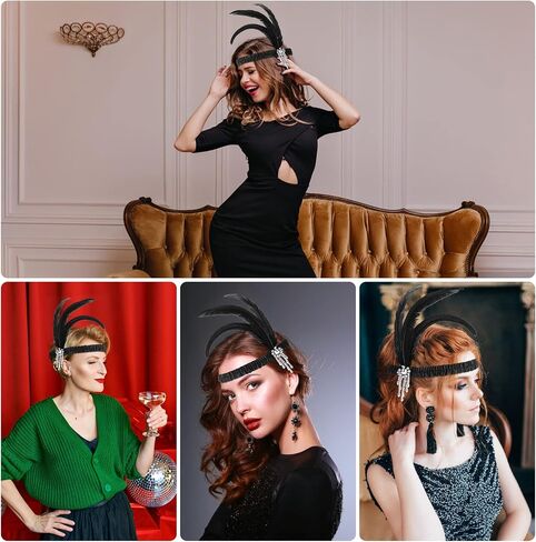 WLLHYF 1920s Headbands for Women Silver Tassel Black Feather Hairband Rhinestone Flapper Headpiece 20s Vintage Hair Valentines Accessory for Girls Costume Party in Saudi Arabia
