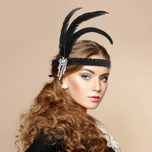 WLLHYF 1920s Headbands for Women Silver Tassel Black Feather Hairband Rhinestone Flapper Headpiece 20s Vintage Hair Valentines Accessory for Girls Costume Party in Saudi Arabia
