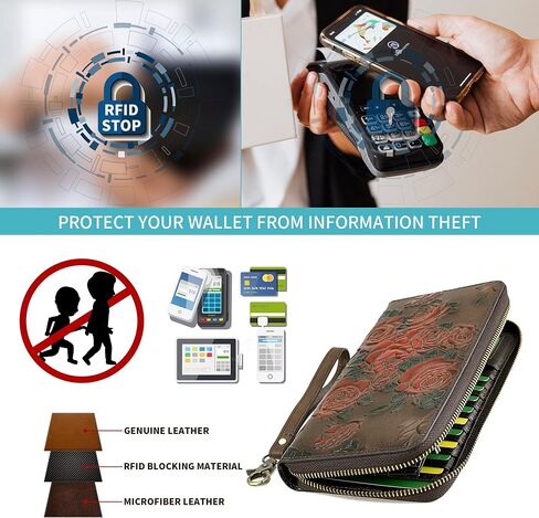 Women’s RFID Blocking Wallet Leather Large Capacity Credit Card Phone Clutch With Detachable Hand Strap Brown in Saudi Arabia
