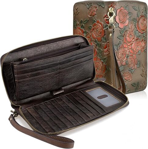 Women’s RFID Blocking Wallet Leather Large Capacity Credit Card Phone Clutch With Detachable Hand Strap Brown in Saudi Arabia