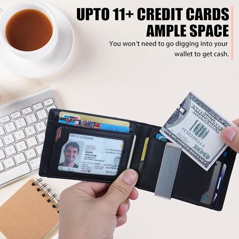 fannos Mens Wallet with Airtag Slot and Money Clip 11 cards Compatible, Slim Bifold Leather Credit Card Holder Rfid Blocking Minimalist Wallet(Black) in Saudi Arabia