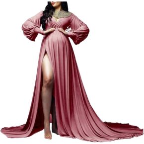 Dedysler Maternity Gown for Photoshoot Bishop Sleeves Baby Shower Dresses Pregnancy Wrap Side Slit Photography Maxi (Purple 2XL in Kuwait
