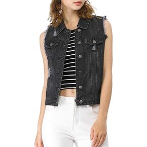 Allegra K Women's Turn Down Collar Button Closure Sleeveless Washed Distressed Denim Vest