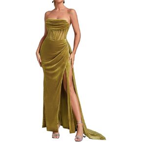 BELLA BARNETT Sexy Strapless Dress Fashion Velvet Slit Maxi Dress Sexy Ruched Dress Womens Trendy See Through Dress
