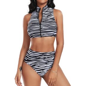 ZAFUL Women's High Waisted Bikini Set Half Zip Cheeky Two Pieces Swimsuits Tankini High Cut Swimsuit Bathing Suit