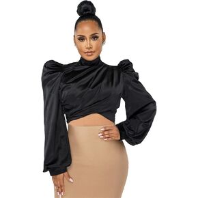 White Blouse for Women Puffy Long Sleeve Mock Neck Tops Satin Silk Shirts Work Blouses in Kuwait