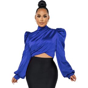 بلوزة بيضاء للنساء منتفخة بأكمام طويلة ورقبة وهمية وقمصان من الحرير الساتان وبلوزات العمل in Kuwait