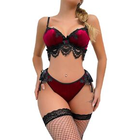 COZYEASE Women's 4 Piece Lace Up Hollow Out Lingerie Set Lace Velvet Underwire Bra and Briefs With 1Pair Stocking in Saudi Arabia