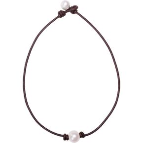 Aobei Pearl Handmade Single Cultured Freshwater Pearl Choker Necklace for Women Genuine Leather Jewelry Glaze Ball Necklace Gift for Her