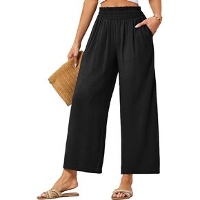 JASAMBAC Women's Capri Linen Wide Leg Pants Summer Boho Wide Leg Pants Smocked High-Rise Waist Casual Beach Pants with Pocket