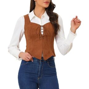 Allegra K Women's 2023 Vintage Faux Suede Vest Jacket Sweetheart Neck Sleeveless Lace Up Waistcoat Vest