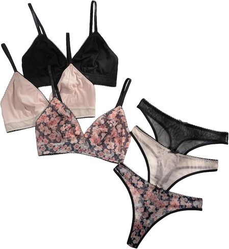 GORGLITTER Women's 3 Pack Floral Matching Bra and Panty Set Triangle Bra and Cute Thong Lingerie Set in Saudi Arabia
