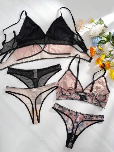 GORGLITTER Women's 3 Pack Floral Matching Bra and Panty Set Triangle Bra and Cute Thong Lingerie Set in Saudi Arabia
