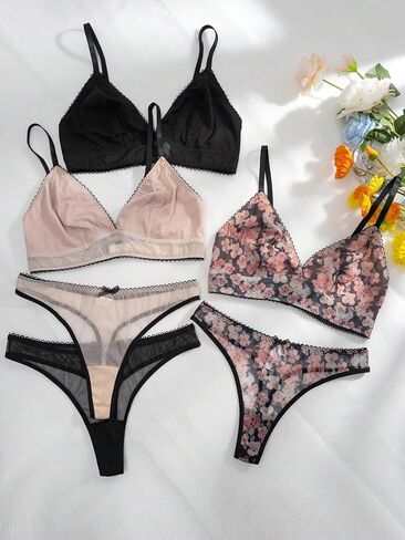 GORGLITTER Women's 3 Pack Floral Matching Bra and Panty Set Triangle Bra and Cute Thong Lingerie Set in Saudi Arabia