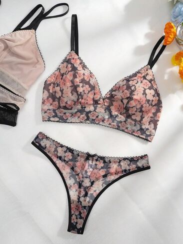 GORGLITTER Women's 3 Pack Floral Matching Bra and Panty Set Triangle Bra and Cute Thong Lingerie Set in Saudi Arabia