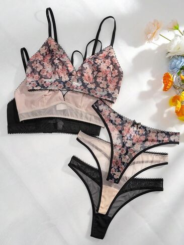GORGLITTER Women's 3 Pack Floral Matching Bra and Panty Set Triangle Bra and Cute Thong Lingerie Set in Saudi Arabia