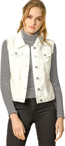 Allegra K Women's Turn Down Collar Button Closure Sleeveless Washed Distressed Denim Vest in Saudi Arabia