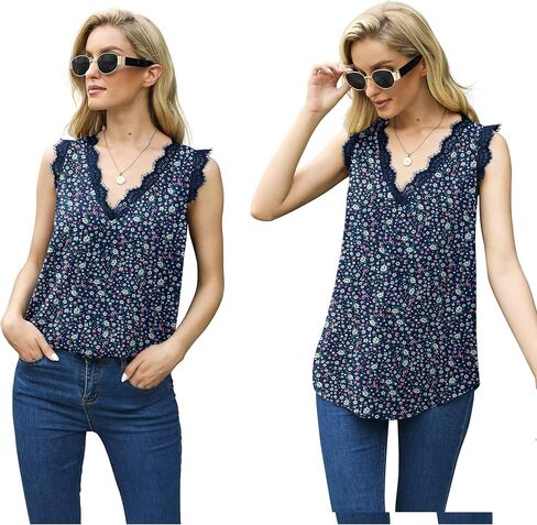 VIISHOW Women Ladies Sexy V Neck Lace Trim Tank Tops Dressy Camisole Casual Loose Sleeveless Chiffon Blouse Shirts in Kuwait