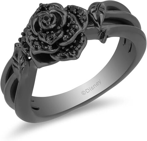 Jewelili Enchanted Disney Fine Jewelry Sterling Silver with Black Rhodium 1/5 Cttw Treated Black Round Diamonds Maleficent Rose Ring in Saudi Arabia