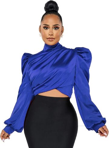 White Blouse for Women Puffy Long Sleeve Mock Neck Tops Satin Silk Shirts Work Blouses in Kuwait