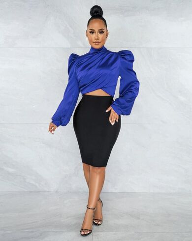 White Blouse for Women Puffy Long Sleeve Mock Neck Tops Satin Silk Shirts Work Blouses in Kuwait