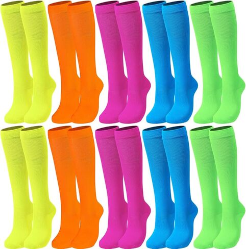 Bunnycool 10 Pairs Neon over the Calf Socks Long Tube Socks Sports Training Socks Athletic Socks Unisex Neon Socks Bulk for Women Men Knee High Socks, 5 Colors in Saudi Arabia