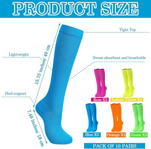 Bunnycool 10 Pairs Neon over the Calf Socks Long Tube Socks Sports Training Socks Athletic Socks Unisex Neon Socks Bulk for Women Men Knee High Socks, 5 Colors in Saudi Arabia