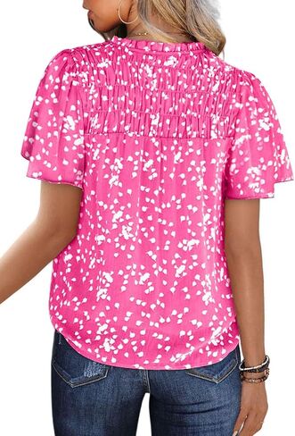 SHEWIN Women's Casual V Neck Floral Print Smocked Short Sleeve Chiffon Blouses Bohemian Top Shirts in Saudi Arabia