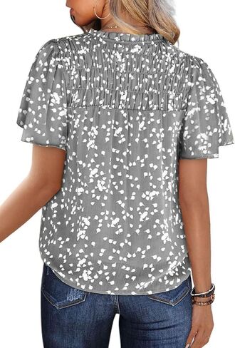 SHEWIN Women's Casual V Neck Floral Print Smocked Short Sleeve Chiffon Blouses Bohemian Top Shirts in Saudi Arabia