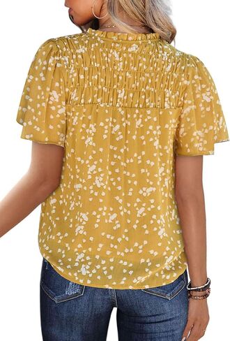 SHEWIN Women's Casual V Neck Floral Print Smocked Short Sleeve Chiffon Blouses Bohemian Top Shirts in Saudi Arabia