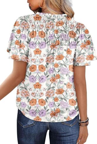 SHEWIN Women's Casual V Neck Floral Print Smocked Short Sleeve Chiffon Blouses Bohemian Top Shirts in Saudi Arabia