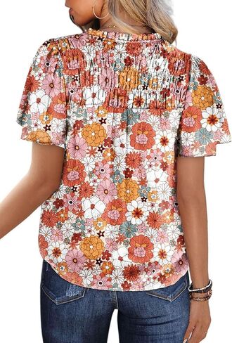 بلوزات SHEWIN نسائية كاجوال برقبة على شكل حرف V وطبعة زهور وأكمام قصيرة من الشيفون وقمصان بوهيمية in Kuwait