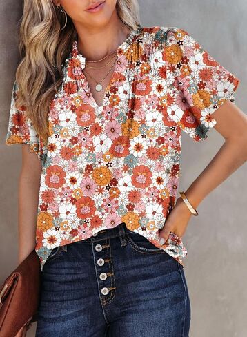 بلوزات SHEWIN نسائية كاجوال برقبة على شكل حرف V وطبعة زهور وأكمام قصيرة من الشيفون وقمصان بوهيمية in Kuwait