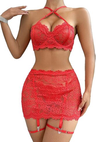 OYOANGLE Women's 3 Piece Criss Cross Floral Lace Sheer Halter Bra Garter Push Up Lingerie Set in Saudi Arabia