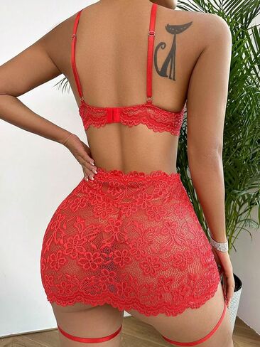 OYOANGLE Women's 3 Piece Criss Cross Floral Lace Sheer Halter Bra Garter Push Up Lingerie Set in Saudi Arabia