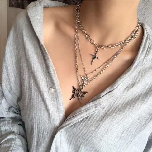 Z-Jeris 10 Pcs Grunge Necklace Set Goth Cross Fairy Thorns Gothic Butterfly Angel Wing Love Heart Feather Chain Choker Necklace for Women Teen Girl in Kuwait