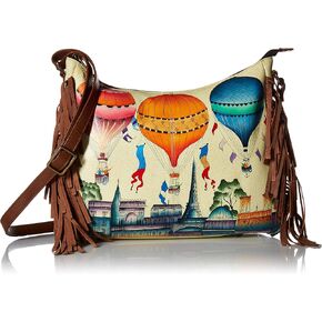 Anna by Anuschka Women's Handpainted Women's Large Genuine Leather Fringed Hobo - with Zippered Pockets and Adjustable Strap