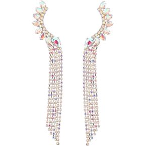 Women's Crystal Rhinestone Leaf Tassels Climbers Crawler Earrings Funny Gold Silver Ear Cuff Wrap Clip Stud Earring with Top Ear Clip Fashion Jewelry for Women Girl