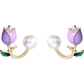 توليب لؤلؤة أقراط لؤلؤة وردية زهرة أقراط هيبوالرجينيك خفيفة الوزن موضة لؤلؤة الأذن هوك الأذن الكفة سترة الجبهة الخلفية القرط للمرأة الفتيات in Kuwait