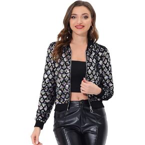 Allegra K Halloween Party Sequin Jacket for Women's Long Sleeve Zipper Up Cropped Sparkle Jackets