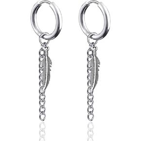 Fusamk الشرير الصخرة الفولاذ المقاوم للصدأ سلسلة طويلة الأقراط ريشة Huggie متمحور هوب الأقراط، 2PCS in Saudi Arabia