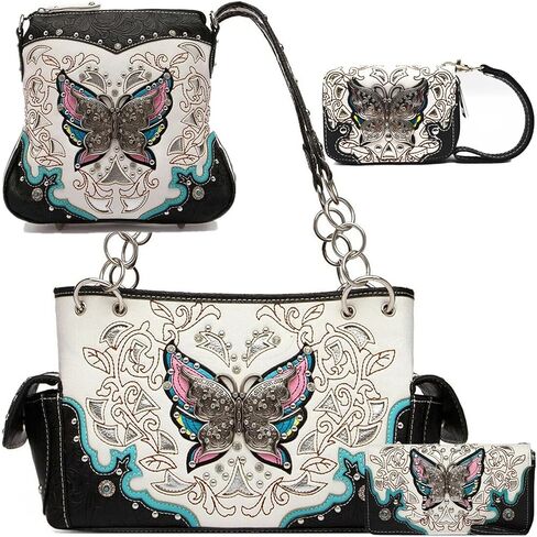 Western Style Spring Butterfly Flower Purse Women Country Handbag Rhinestone Stud Shoulder Bag Wallet Set in Kuwait